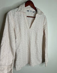 Carol Little 100% Linen Woven Cream Eyelet Bell Sleeve V - Neck Long Sleeve Top