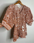 Cleobella 100% Organic Cotton Orange White Floral Button Down Short Sleeve