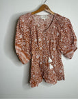 Cleobella 100% Organic Cotton Orange White Floral Button Down Short Sleeve