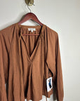 Nation LA 100% Pima Cotton Rust Long Sleeve Slouchy Peasant Blouse Tie Front