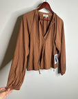 Nation LA 100% Pima Cotton Rust Long Sleeve Slouchy Peasant Blouse Tie Front