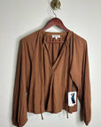 Nation LA 100% Pima Cotton Rust Long Sleeve Slouchy Peasant Blouse Tie Front