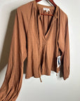 Nation LA 100% Pima Cotton Rust Long Sleeve Slouchy Peasant Blouse Tie Front