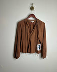 Nation LA 100% Pima Cotton Rust Long Sleeve Slouchy Peasant Blouse Tie Front