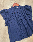 Trovata 100% Cotton Carla High Neck Navy Blue Eyelet Short Sleeve Blouse