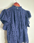 Trovata 100% Cotton Carla High Neck Navy Blue Eyelet Short Sleeve Blouse