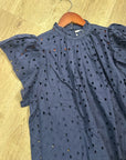 Trovata 100% Cotton Carla High Neck Navy Blue Eyelet Short Sleeve Blouse