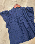 Trovata 100% Cotton Carla High Neck Navy Blue Eyelet Short Sleeve Blouse
