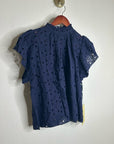 Trovata 100% Cotton Carla High Neck Navy Blue Eyelet Short Sleeve Blouse