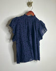 Trovata 100% Cotton Carla High Neck Navy Blue Eyelet Short Sleeve Blouse