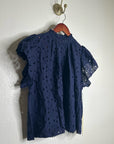 Trovata 100% Cotton Carla High Neck Navy Blue Eyelet Short Sleeve Blouse