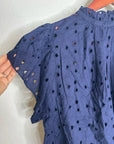 Trovata 100% Cotton Carla High Neck Navy Blue Eyelet Short Sleeve Blouse