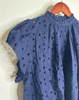 Trovata 100% Cotton Carla High Neck Navy Blue Eyelet Short Sleeve Blouse