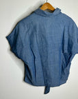 AG 100% Cotton Denim Chambray Button Down Tie Front Short Sleeve Boxy Blouse Top