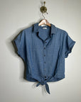 AG 100% Cotton Denim Chambray Button Down Tie Front Short Sleeve Boxy Blouse Top