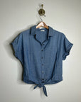 AG 100% Cotton Denim Chambray Button Down Tie Front Short Sleeve Boxy Blouse Top