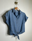 AG 100% Cotton Denim Chambray Button Down Tie Front Short Sleeve Boxy Blouse Top