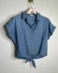 AG 100% Cotton Denim Chambray Button Down Tie Front Short Sleeve Boxy Blouse Top