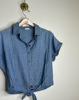 AG 100% Cotton Denim Chambray Button Down Tie Front Short Sleeve Boxy Blouse Top
