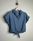 AG 100% Cotton Denim Chambray Button Down Tie Front Short Sleeve Boxy Blouse Top