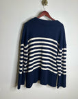GAP 100% Cotton Navy Cream Striped Polo V - Neck Thick Knit Oversized Sweater