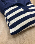 GAP 100% Cotton Navy Cream Striped Polo V - Neck Thick Knit Oversized Sweater