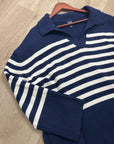 GAP 100% Cotton Navy Cream Striped Polo V - Neck Thick Knit Oversized Sweater