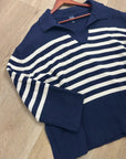 GAP 100% Cotton Navy Cream Striped Polo V - Neck Thick Knit Oversized Sweater
