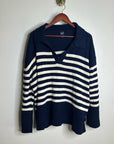 GAP 100% Cotton Navy Cream Striped Polo V - Neck Thick Knit Oversized Sweater