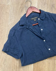 Tommy Bahama 100% Linen Navy Blue Short Sleeve Collared Button Down Top