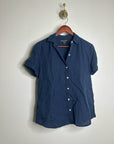 Tommy Bahama 100% Linen Navy Blue Short Sleeve Collared Button Down Top