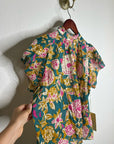 Trovata Cotton Ramie Carla High Neck Floral Short Sleeve Blouse Top