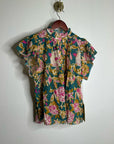 Trovata Cotton Ramie Carla High Neck Floral Short Sleeve Blouse Top