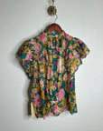 Trovata Cotton Ramie Carla High Neck Floral Short Sleeve Blouse Top