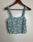Rachel Zoe 100% Linen Blue Paisley Peacock Print Button Down Tank Top
