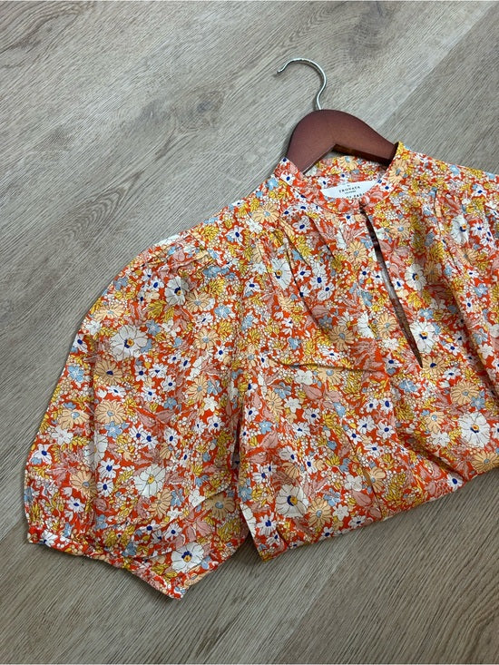 Trovata 100% Cotton Short Sleeve Orange Retro Floral Blouse Top