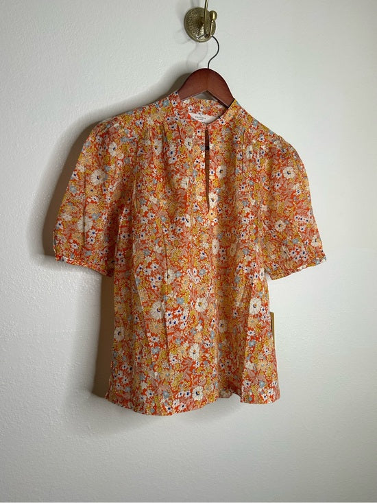 Trovata 100% Cotton Short Sleeve Orange Retro Floral Blouse Top