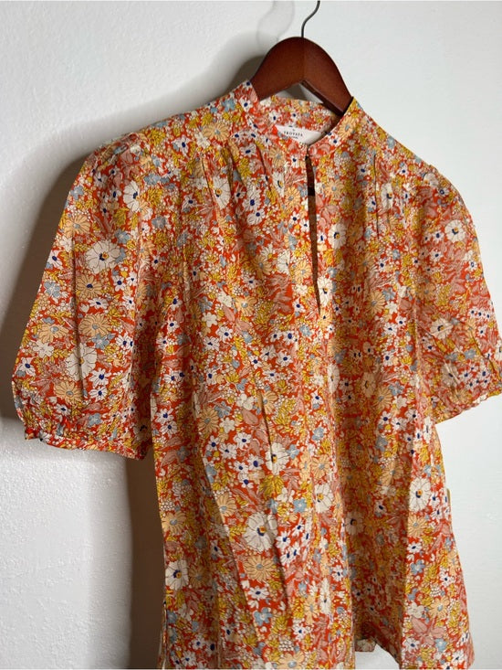 Trovata 100% Cotton Short Sleeve Orange Retro Floral Blouse Top
