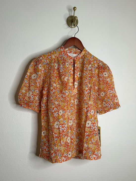 Trovata 100% Cotton Short Sleeve Orange Retro Floral Blouse Top