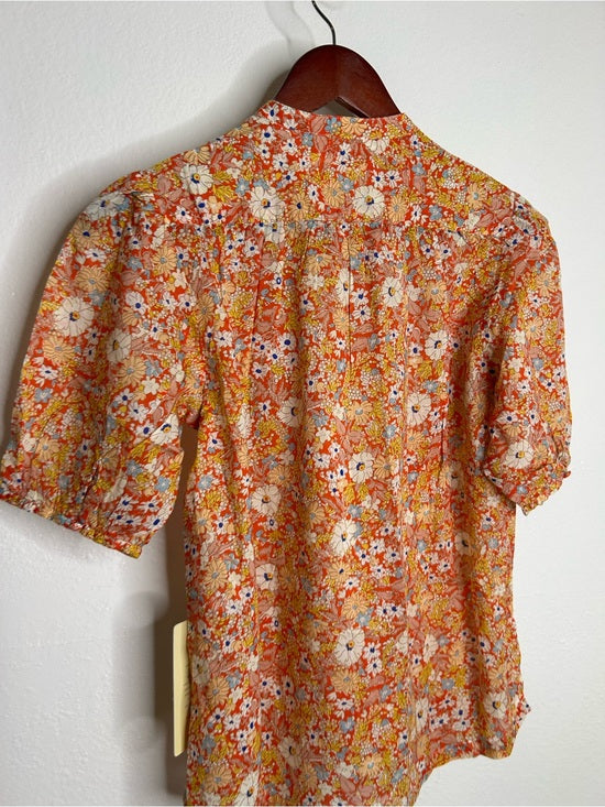 Trovata 100% Cotton Short Sleeve Orange Retro Floral Blouse Top