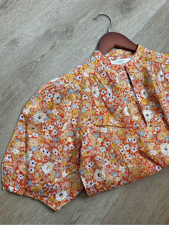 Trovata 100% Cotton Short Sleeve Orange Retro Floral Blouse Top