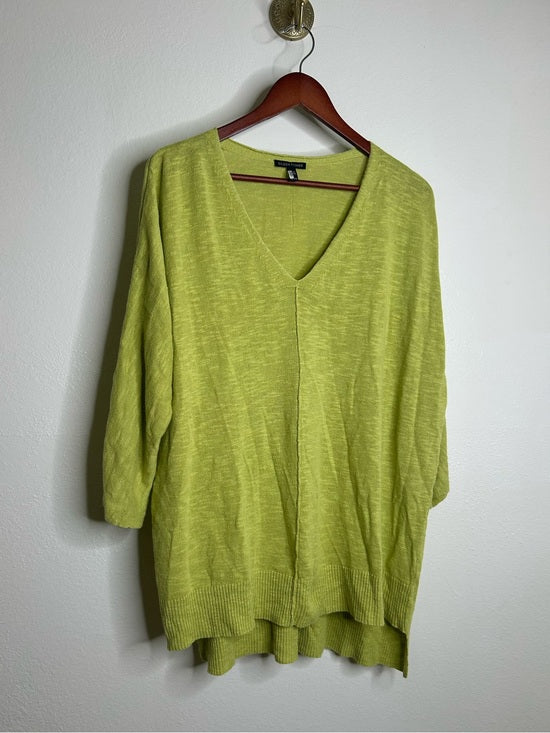 Eileen Fisher Organic Linen Cotton Chartreuse Slouchy V - Neck Knit Tunic Top