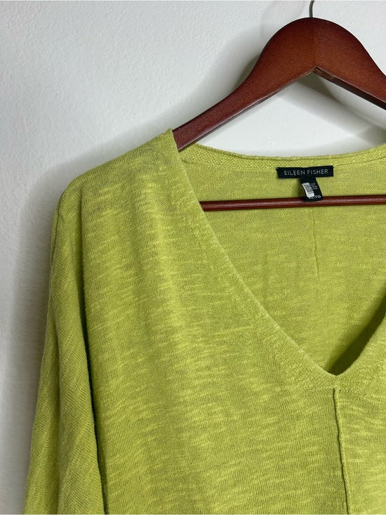 Eileen Fisher Organic Linen Cotton Chartreuse Slouchy V - Neck Knit Tunic Top