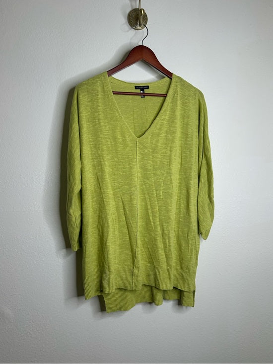 Eileen Fisher Organic Linen Cotton Chartreuse Slouchy V - Neck Knit Tunic Top