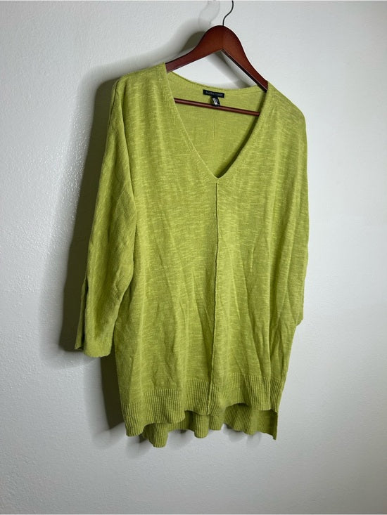 Eileen Fisher Organic Linen Cotton Chartreuse Slouchy V - Neck Knit Tunic Top