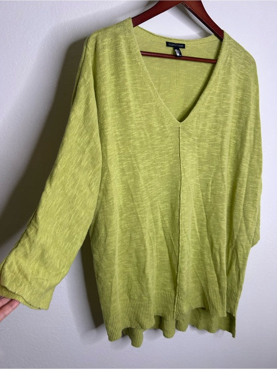 Eileen Fisher Organic Linen Cotton Chartreuse Slouchy V - Neck Knit Tunic Top