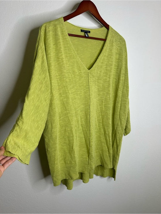 Eileen Fisher Organic Linen Cotton Chartreuse Slouchy V - Neck Knit Tunic Top