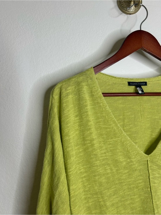 Eileen Fisher Organic Linen Cotton Chartreuse Slouchy V - Neck Knit Tunic Top