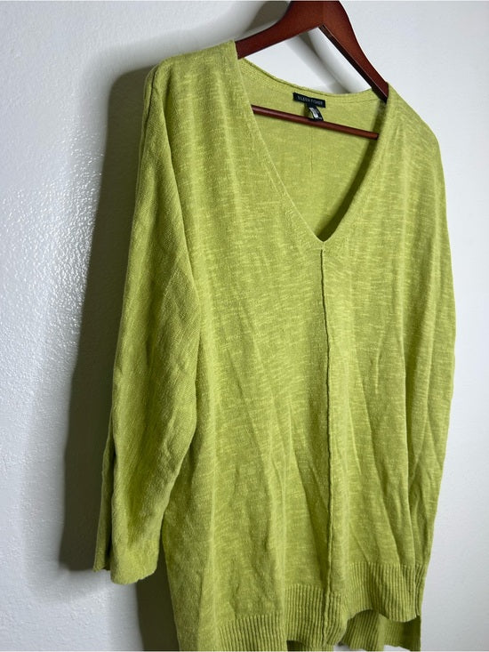 Eileen Fisher Organic Linen Cotton Chartreuse Slouchy V - Neck Knit Tunic Top