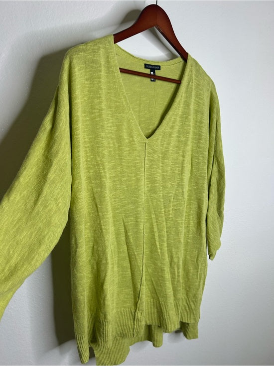 Eileen Fisher Organic Linen Cotton Chartreuse Slouchy V - Neck Knit Tunic Top